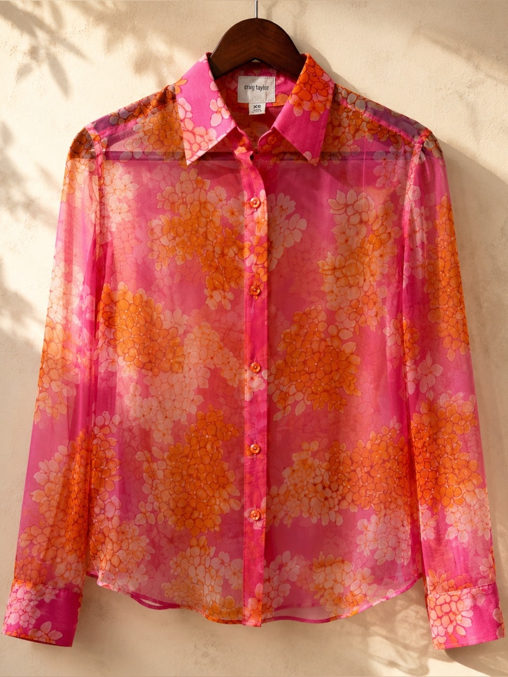 Rare Vintage Craig Taylor 100% Silk Sheer Floral Blouse Pink Orange XS